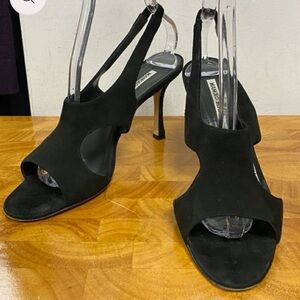 Manolo Blahnik Black Open-Toe Slingback Heels